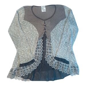 Mixed Media Lace Trim Knit Top Grey Marled Lace-up Front Long Sleeve Size‎ 8